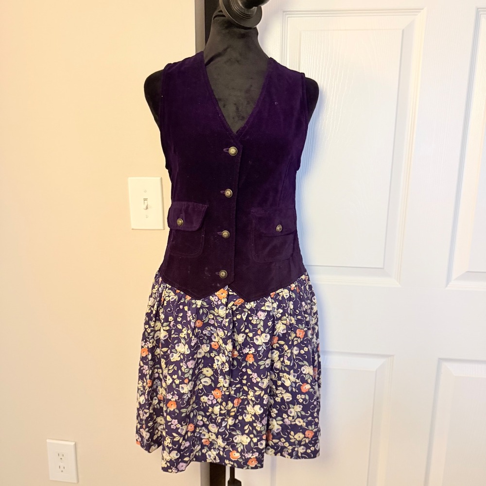 VTG Rachel's Kids Purple Velvet 90s Floral Skirt One Piece Dress Button Y2K SZ L